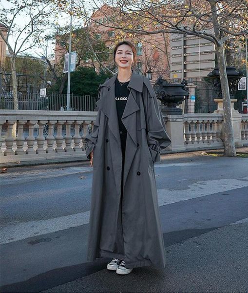 

women's trench coats korean style loose oversized x-long coat double-breasted belted lady cloak windbreaker spring fall outerwear grey, Tan;black