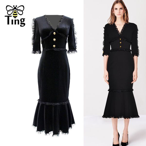 

runway lace patchwork v neck high waist black velvet midi dress women elegant mermaid party dresses designer vestidos za 210513, Black;gray