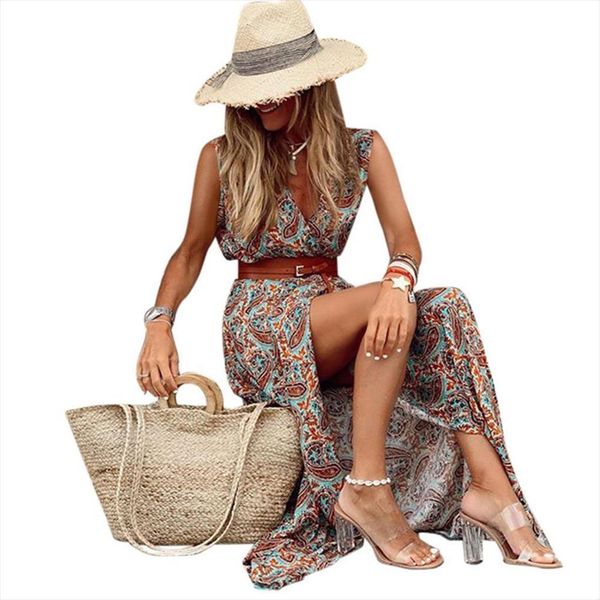 

plus size boho deep women dress v neck sleeveless paisley print belt large hem party long, Black;gray