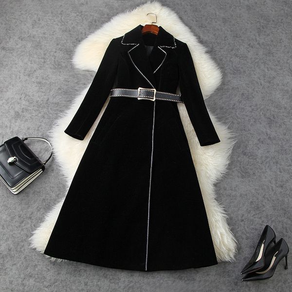 

women's wool & blends european and american women's wear winter style long-sleeved suit neck fashion belt black velvet jacket 9zk1