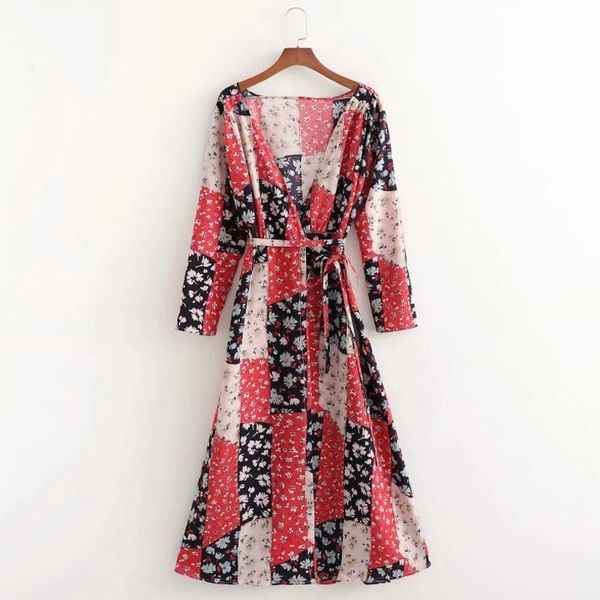 

casual dresses summer women patchwork print cross v neck wrap midi dress female long sleeve clothes lady loose vestido d7739, Black;gray