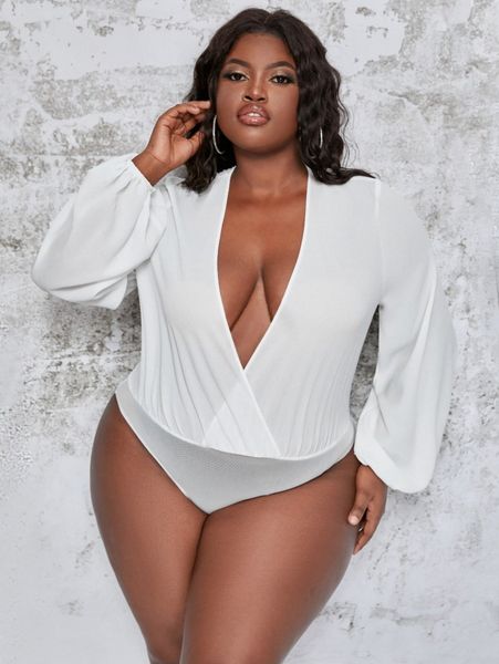 

sxy plus solid bishop sleeve wrap detail bodysuit e3du#, Black