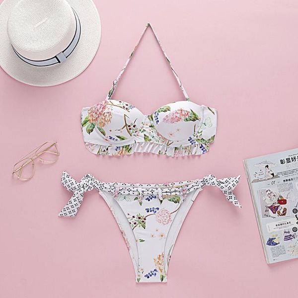 

women's swimwear women floral print two-piece bathing suit lace-up halter ruffles thong fashion bikini set, White;black
