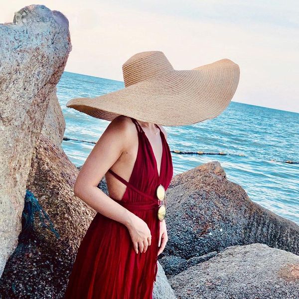 

wide brim straw hat women beach hats oversized fashion ladies summer 2021 uv protection foldable sun shade cap sunhat outdoor, Black;white