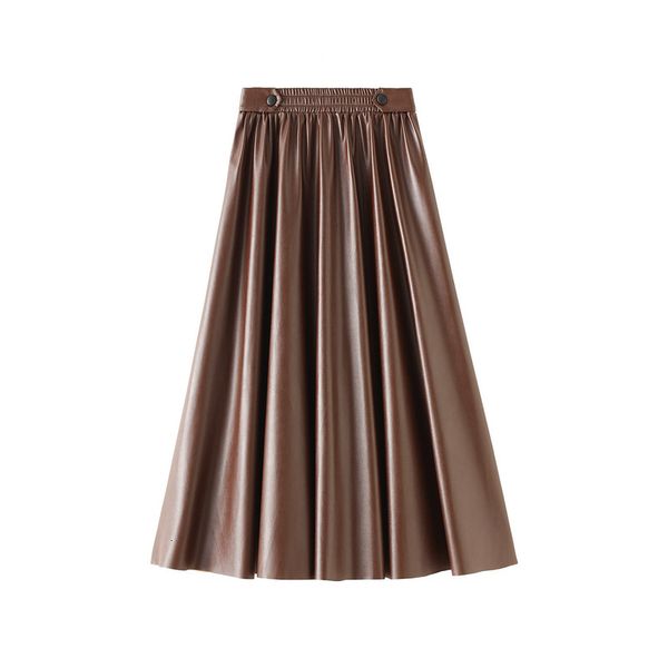 

skirts autumn winter vintage pu pleated maxi skirt elastic waist band a-line long leather skirts coffee navy khaki, Black