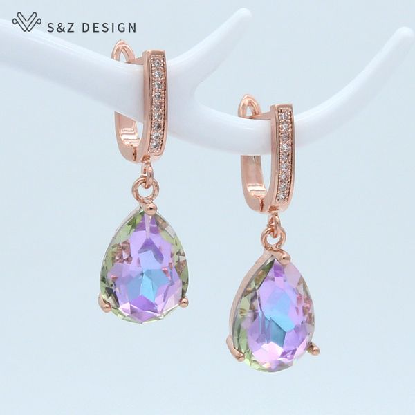 

s&z design korean fashion luxury water drop crystal 585 rose gold dangle earrings for women wedding engagement elegant jewelry, Golden