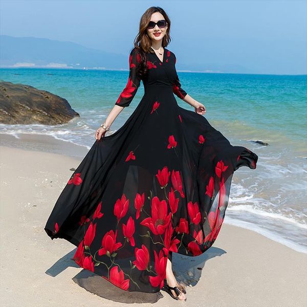 

summer letter black womens dress v neck chiffon flower print long boho beach slim dresses vestitos w175, Black;gray