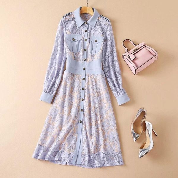 

casual dresses lace dress 2021 autumn style women turn-down collar chest pocket patchwork long sleeve purple black green, Black;gray