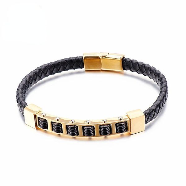 

link, chain haolynjoy punk gold stainless steel link charm bracelet for men 21.5cm single layer leather wrap biker jewelry, Black