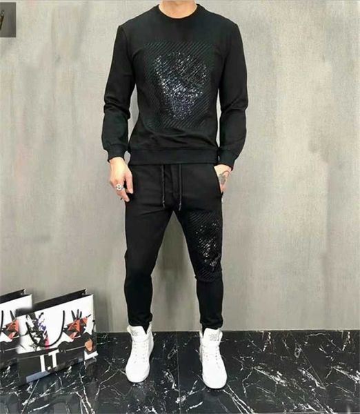 

men's tracksuits european and american fashion cashmere rhinestone thickened warm slim sports suit, Gray