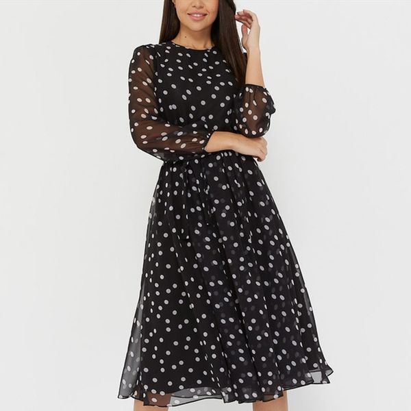 

round autumn 2020 neck women's long sleeve belt chiffon print lace polka dot dress, White;black