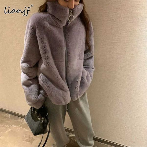 

women winter faux fur jacket thick loose warm cotton korean coats harajuku plus size clothing for women goth korean fashion 211018, Black