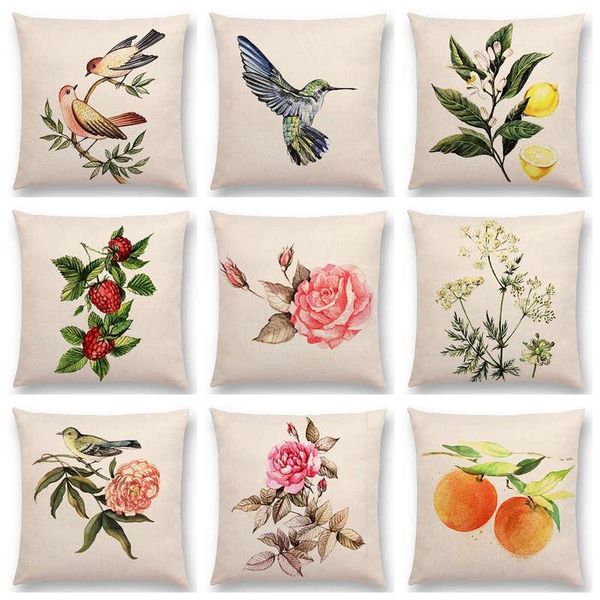 

watercolor lovely birds flowers plants hummingbird rose raspberries dill clove almonds cushion sofa throw pillow cushion/decorative