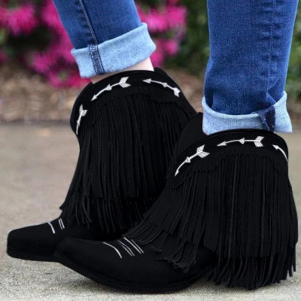 

boots black for women vintage 2021 embroidery fringe single pointed ladies shoes