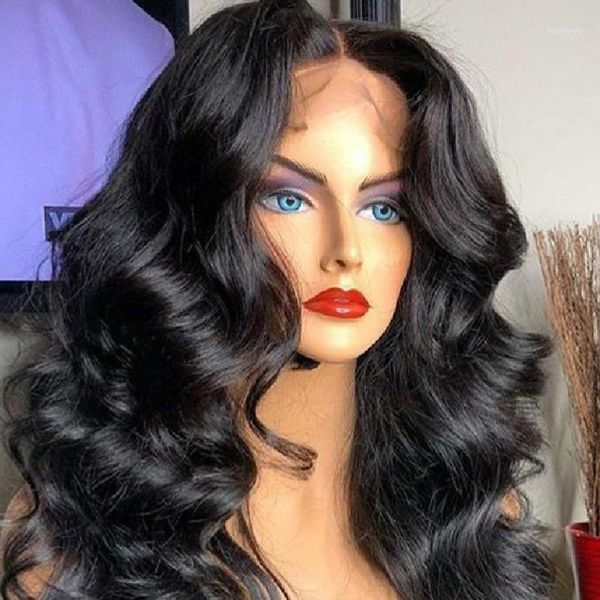 

natural black body wave t-part human hair lace front wig with hairline remy wigs for women daily1, Black;brown