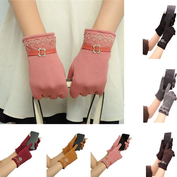 

cycling gloves lady winter plush touch screen lace flowers outdoor sport driving mittens cotton mitt, Black