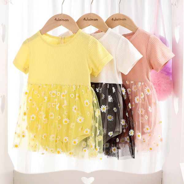 

girl's dresses baby girls short sleeve daisy floral patchwork princess clothes party girl dress vestido jupe, Red;yellow