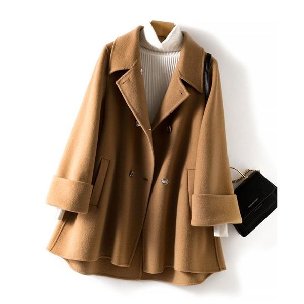 

women's wool & blends elegant button up coat women office lady turndown collar long sleeve loose autumn winter camel jacket, Black