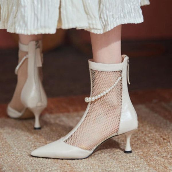 

boots 2021 spring and summer stiletto short mesh women pointed-toe hollowed beaded elegant, Black