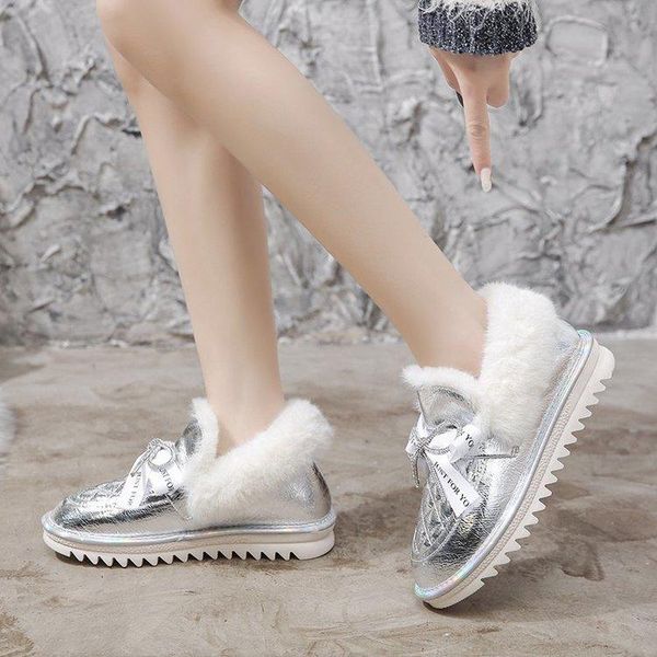 Botas Neve 2021 Inverno Rhinestone Bow Flat-Bottomed Moda Versão Coreana Capa Foot Estudantes Maomao Algodão Sapatos