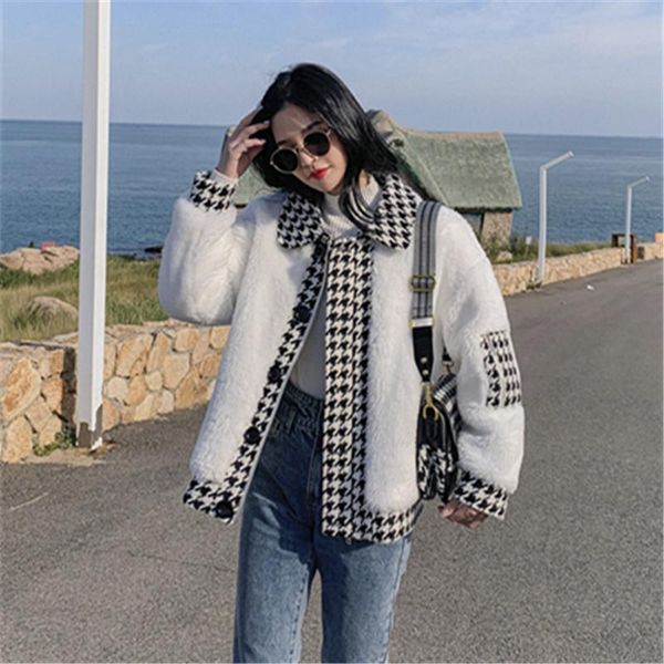 

women's fur & faux autumn and winter lamb wool slim-fit warm jacket short fashion stitching plaid thin cashmere top, Black