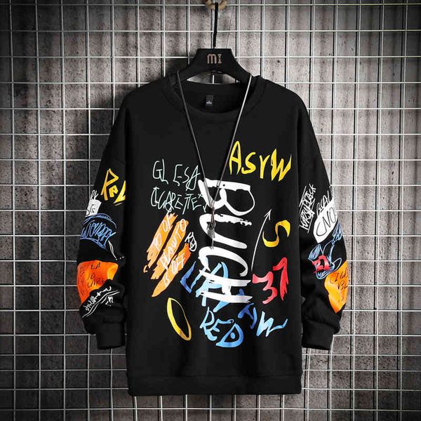 

New Mens Sweatshirt Casual Hoodi 2021 Spring Graffiti Oversized Japane Hip Hop Streetwear Men Loose Sweatshirts Pullover Top, Black