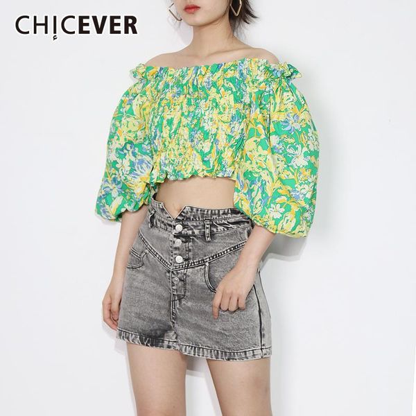 

women's blouses & shirts chicever hit color ruched blouse for women boat neck bishop sleeve print short female fashion clothing 2021 su, White