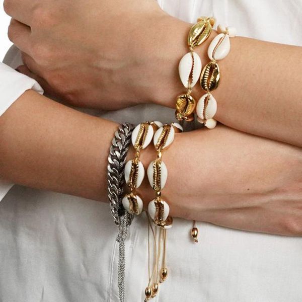 

charm bracelets natural puka shell bracelet boho fashion beach gold cowry seashell women jewelry 2021, Golden;silver