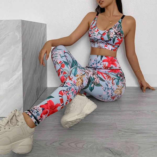 

women's printed yoga suit, running fitns training cloth, high waist sports tights, sportswear, Gray