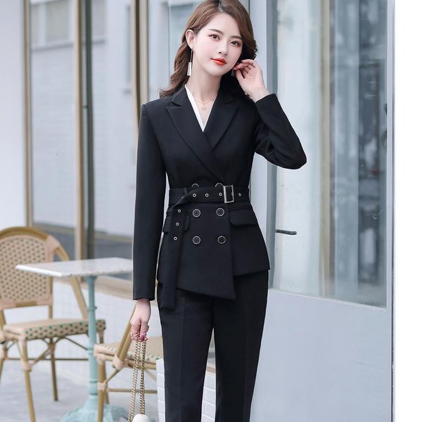 

pant asymmetric size s-5xl female pantsuit black red belt two triple breasted blazer ensemble with winter pants, White