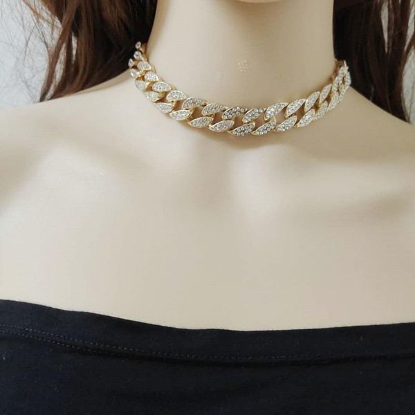

chains cuban link necklace fashion hip hop jewelry women's men's full rhinestone rapper collar, Silver