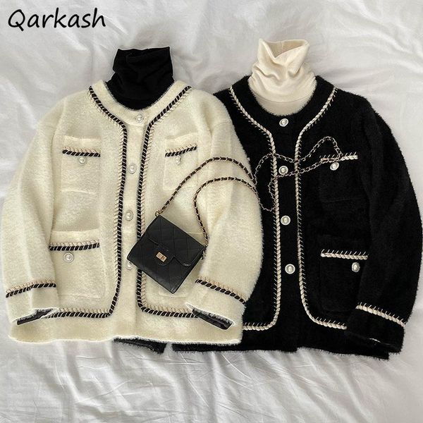 

women's wool & blends women gentle fashion o-neck single breasted outwear soft high street temperament ulzzang white woolen coats mujer, Black