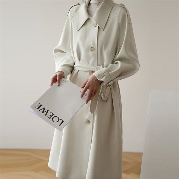 

wonder solid long coat korean office warm elegant belted vintage overcoats windbreaker casual coats outwears 210510, Tan;black