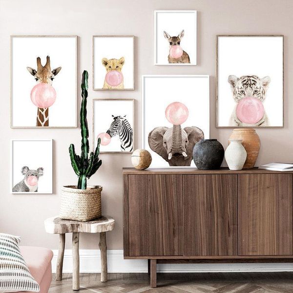 

paintings pink bubble elephant giraffe child poster animal wall art canvas nursery print painting nordic kid baby room decoration picture