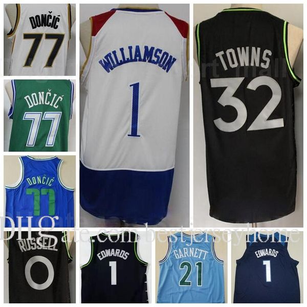 

city earned edition basketball luka doncic 77 anthony edwards jersey 1 karl anthony towns 32 d angelo russell 0 kevin garnett 21 size s-2xl, Black;red