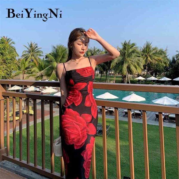 

vintage long maxi dress women floral printed slim party club strap dresses french charming kpop bodycon vestidos 210506, Black;gray