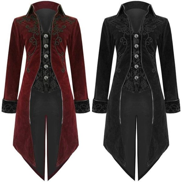 

theme costume mens coat long jacket gothic steampunk vtg regency highwayman vintage medieval cosplay costume, Black;red