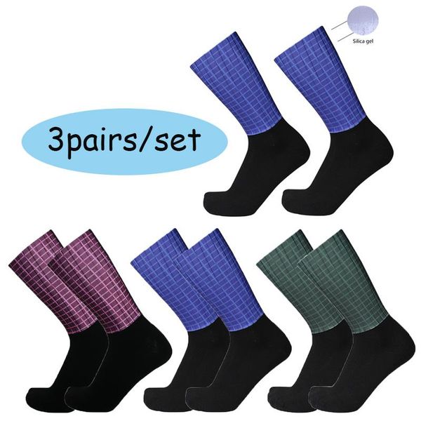 

sports socks 3pairs/set style lattice cycling summer breathable non-slip silicone outdoor road bike racing, Black