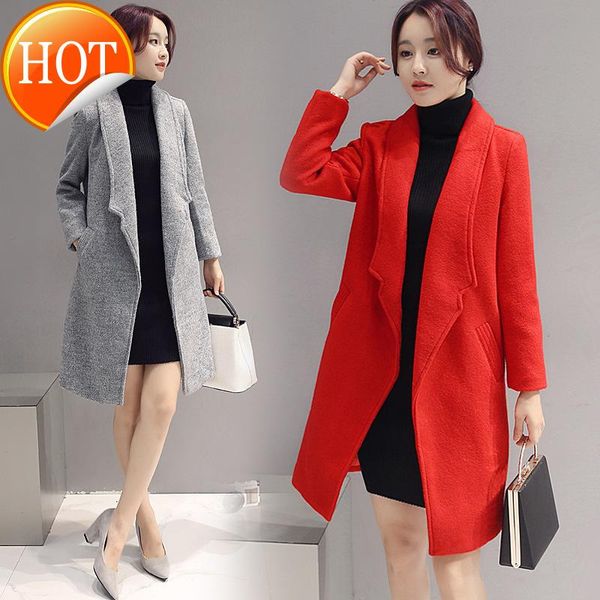 

lady slim long women office wool coat pockets open stitch winter jacket turn-down collar cashmere women's & blends, Black
