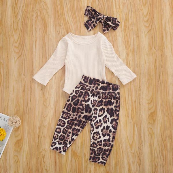 

clothing sets 0-18m born baby girls boys spring clothes knit long sleeve romper leopard print pants headband, White