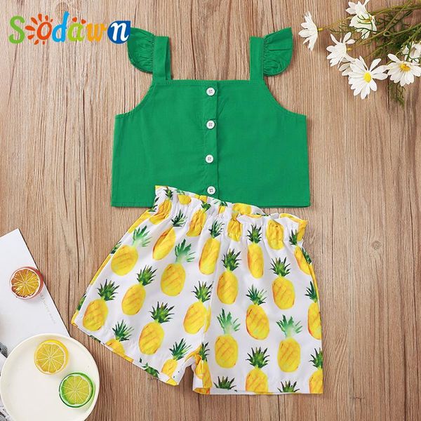 

clothing sets sodawn summer children's clothes set green flying sleeve single-breasted + pineapple print shorts 2pcs girls, White