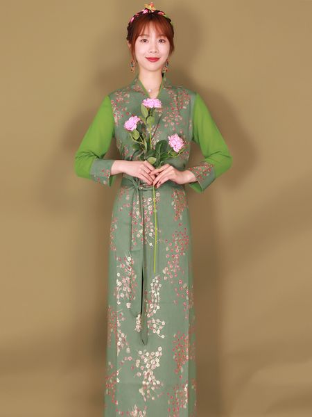 Sommer Tägliches tibetisches Kleid klassische ethnische Kleidung Frauen Traditionelles asiatisches Kostüm Seidenrobe Orientalisches elegantes Tibet-Outfit