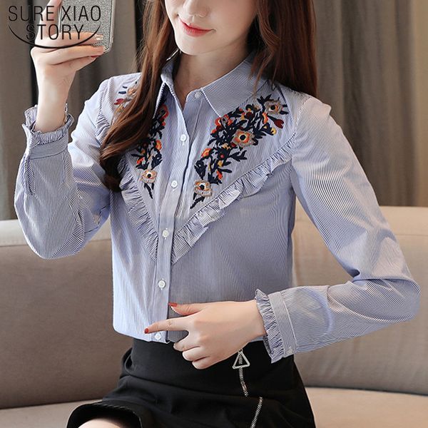 

blusas mujer de moda autumn fashion women blouses square collar embroider stripe plus size shirts 7101 50 210510, White