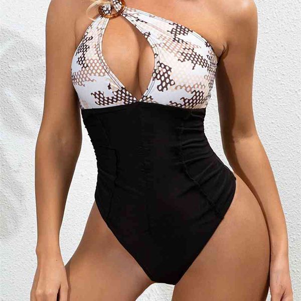 

women's swimwear black and print colorblock one shoulder swimsuit women tied bow monokini hollow out beach bathing suit, White;black