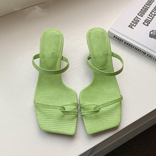 

summer women sandals slides pu shallow fashion thin heels outside square toe solid slippers shoes, Black