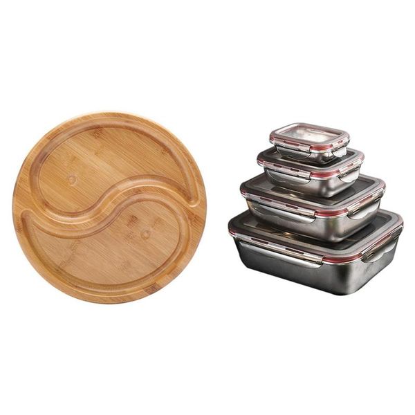 

dinnerware sets 1x wooden round fruit tray multi-grid platter & 4x stainless steel lunch box sealed fresh-keeping boxes