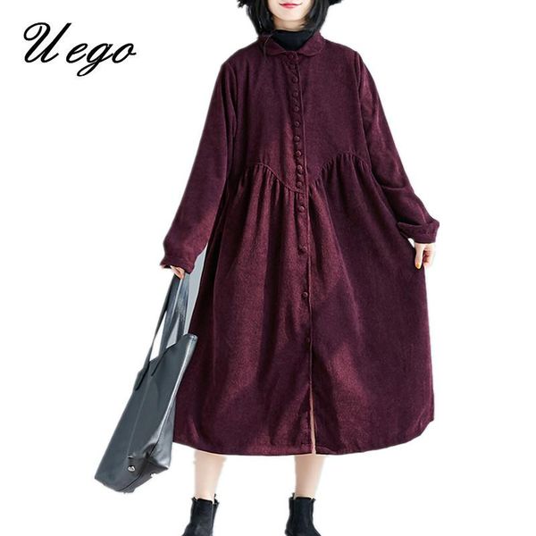 

casual dresses uego 2021 arrival corduroy long sleeve autumn winter dress turn-down collar shirt blouse women party, Black;gray