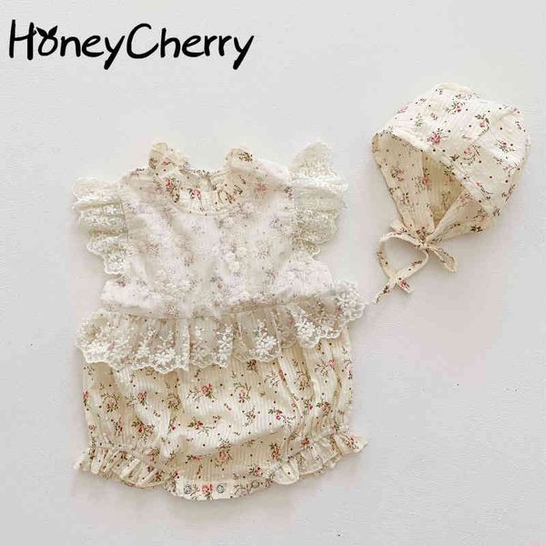 

summer infant baby short-sleeved floral lace rompers leotard climbing clothes infant girl cloth have hat 210515, Blue