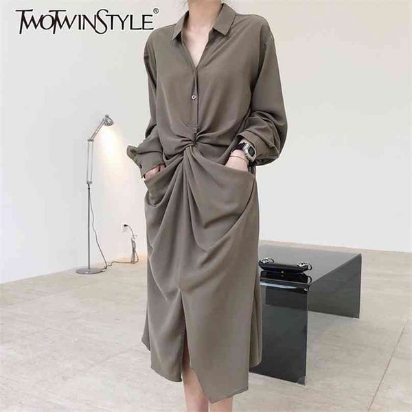 

ruched casual women dress lapel long sleeve high waist split elegant dresses female autumn fashion style 210520, Black;gray
