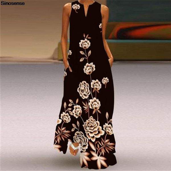 

casual dresses women sleeveless tunic tank party dress vintage floral print a line loose chiffon summer boho beach maxi 5xl, Black;gray